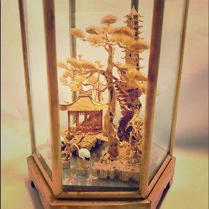 Chinese Carving of Pagoda,Tree,Cranes in a Village